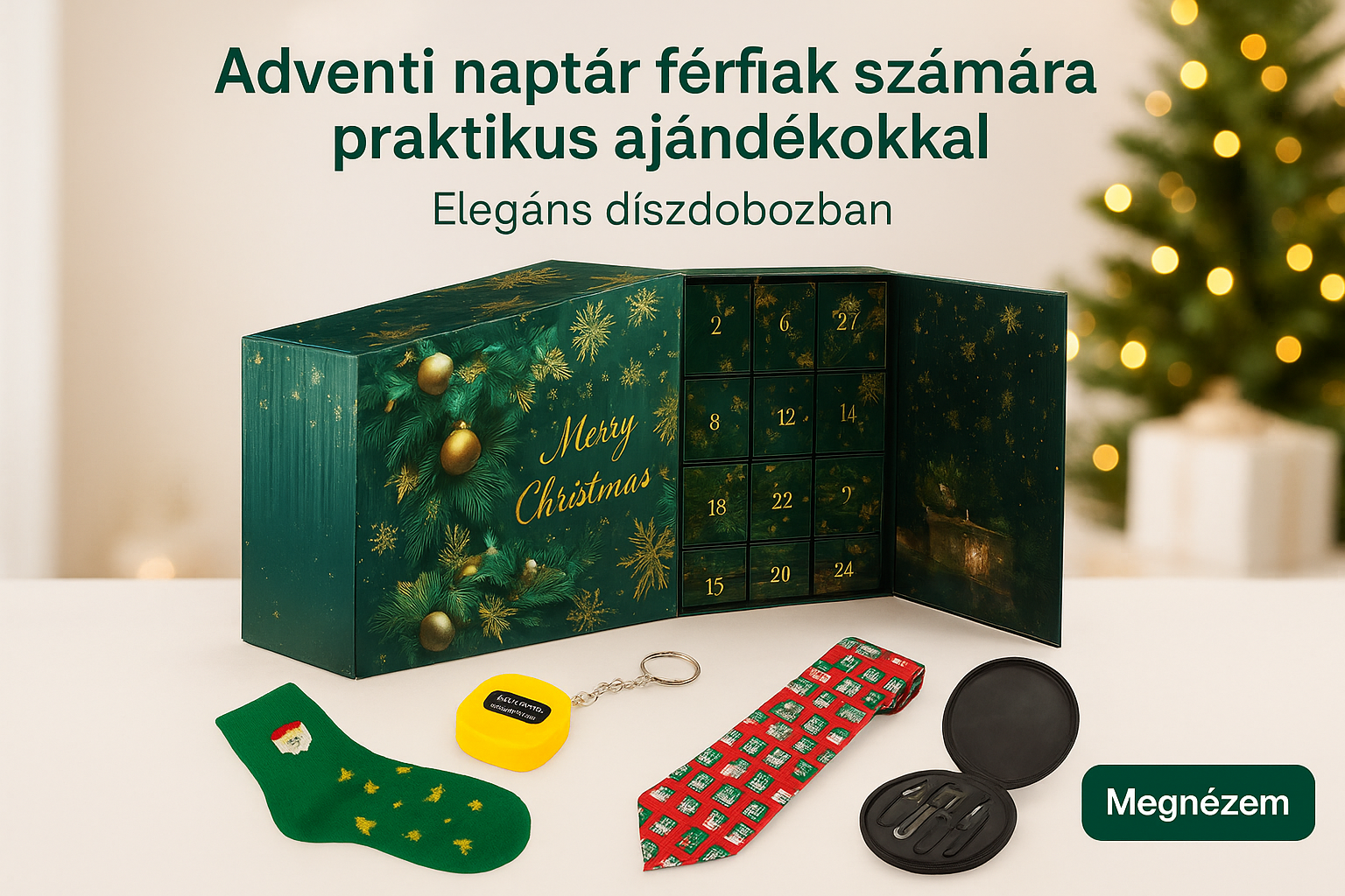 Adventi naptár férfiaknak, 24 praktikus ajándékkal, elegáns díszdobozban